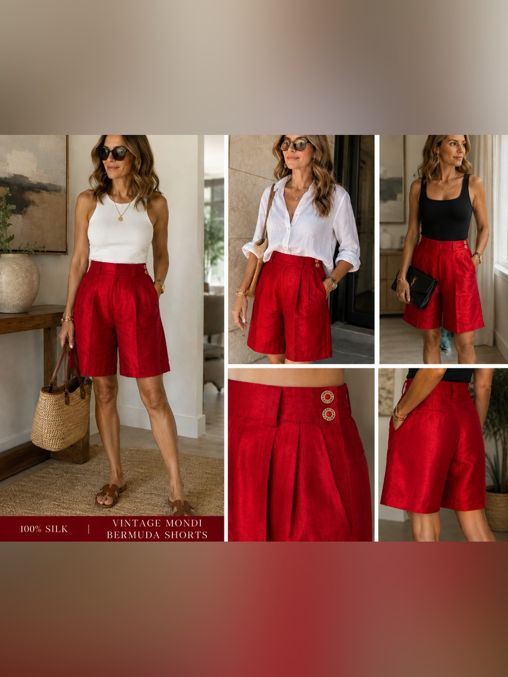 Vintage Mondi 100% Silk Red Bermuda Shorts Size 38 Gold Button High Waist